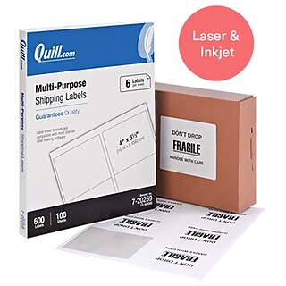 Quill Brand® Laser/Inkjet Shipping Labels, 3-1/3 x 4, White, 6 Labels/Sheet, 100 Sheets/Box (72025