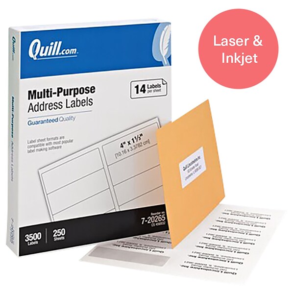 Quill Brand® Laser/Inkjet Address Labels, 1-1/3 x 4, White, 3,500 Labels (Compare to Avery 5162, 5262, 5962, 8162 & 8462)