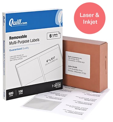 Quill Brand® Removable Laser/Inkjet Labels, 3-1/3 x 4, White, 600 Labels (Comparable to Avery 6464)