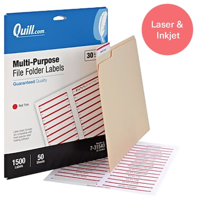 Quill Brand® Laser/Inkjet File Folder Labels, 2/3 x 3-7/16, Red, 1,500 Labels (Comparable to Avery