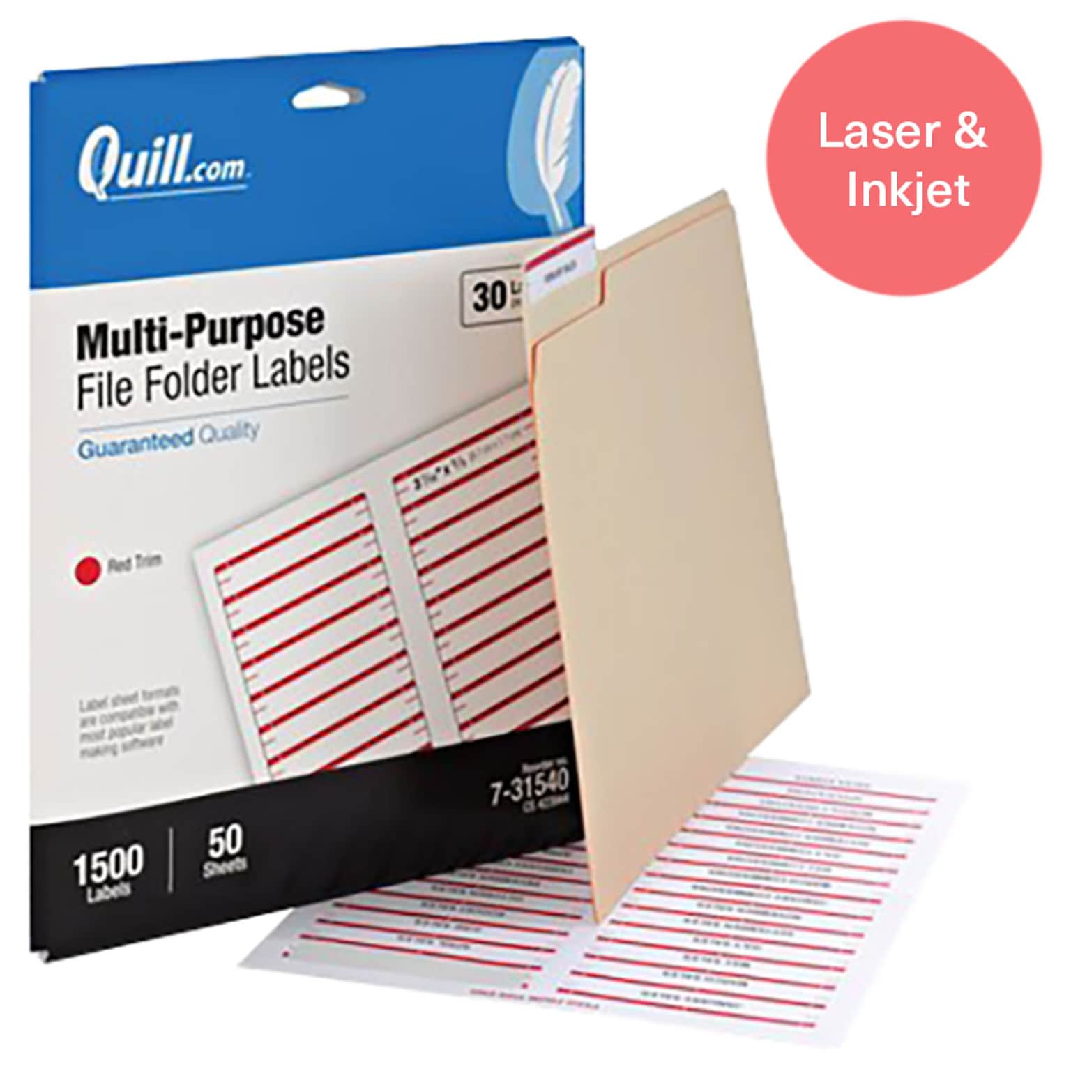 Quill Brand® Laser/Inkjet File Folder Labels, 2/3 x 3-7/16, Red, 1,500 Labels (Compare to Avery 5066)