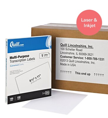 Quill Brand® Laser/Inkjet Transcription Labels, 8-1/2 x 11, White, 1 Label/Sheet, 100 Sheets/Box (714043)