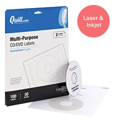 Quill Brand® Laser/Inkjet CD/DVD Labels; White, 8-1/2x11, 2 Labels/Sheet, 50 Sheets/Pack (016874)