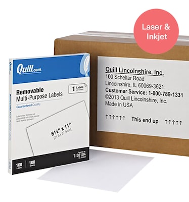 Quill Brand® Removable Laser/Inkjet Labels, 8-1/2 x 11, White, 100 Labels (Comparable to Avery 646