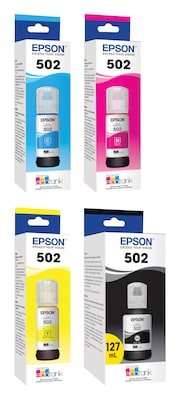 Epson T502 Black, Cyan, Magenta, Yellow Standard Yield Ink Bottles, 4/Pack