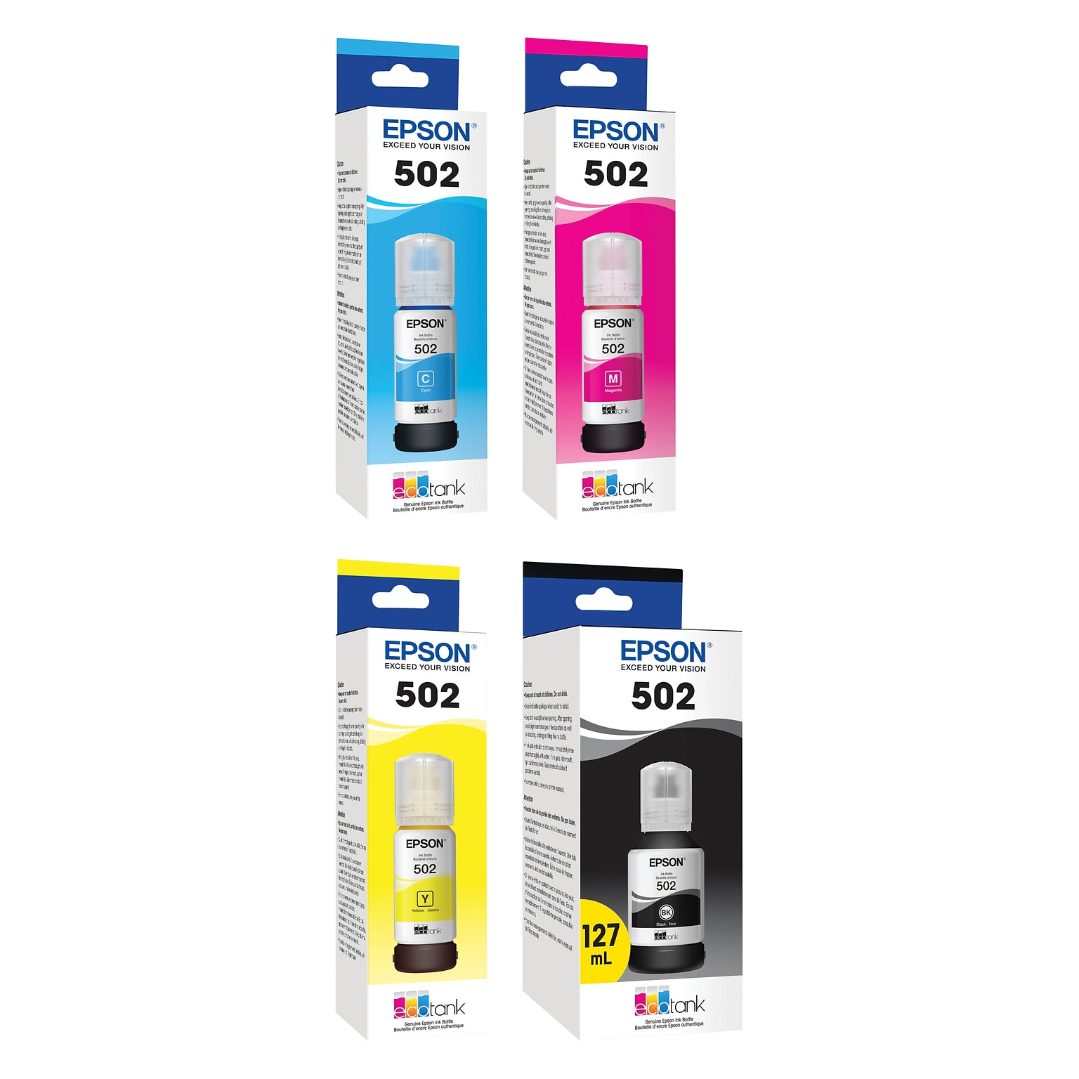 Epson T502 Black, Cyan, Magenta, Yellow Standard Yield Ink Bottles, 4/Pack