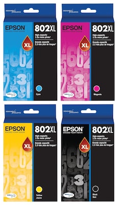 Epson T802XL Black, Cyan, Magenta, Yellow High Yield Ink Cartridges, 4/Pack