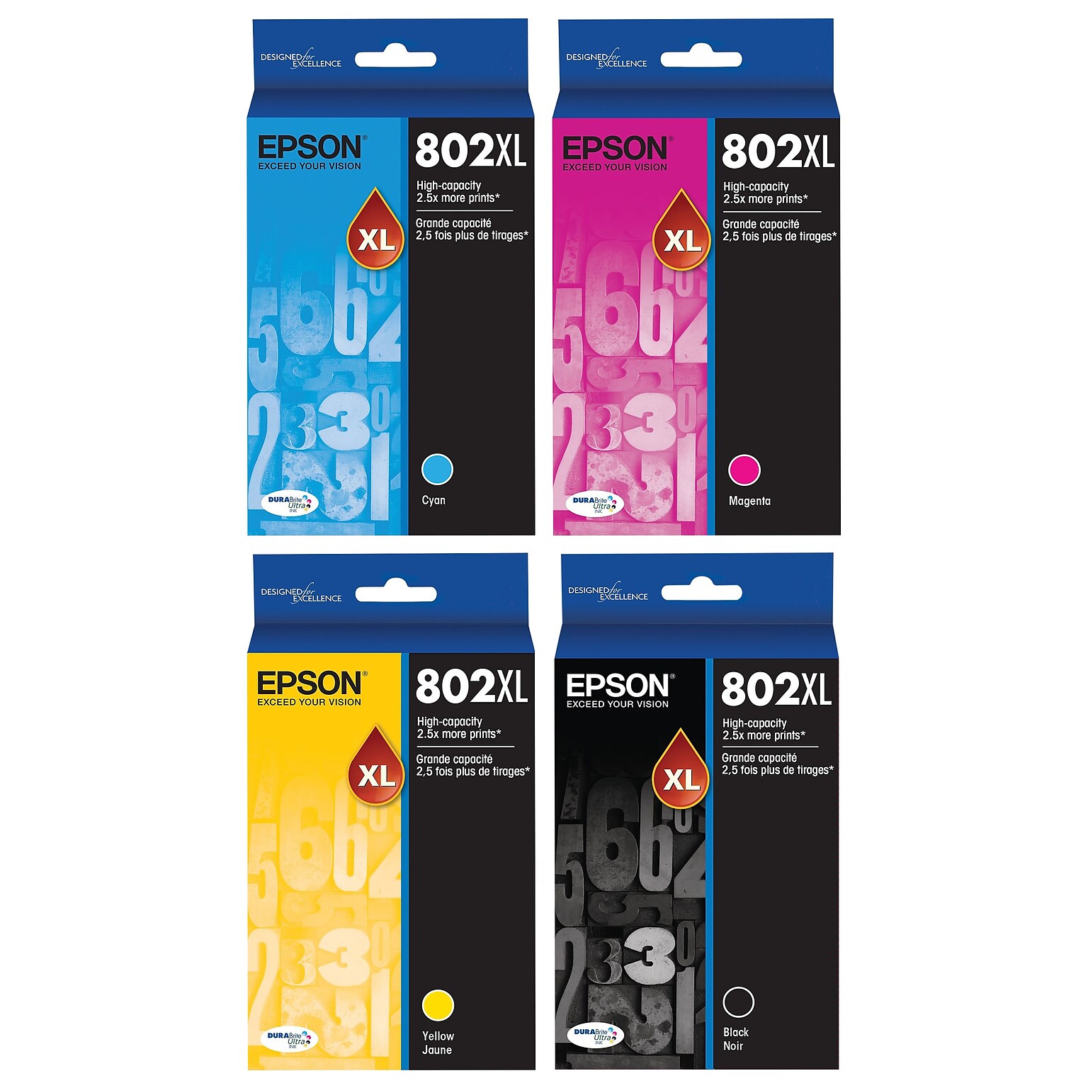 Epson T802XL Black, Cyan, Magenta, Yellow High Yield Ink Cartridges, 4/Pack