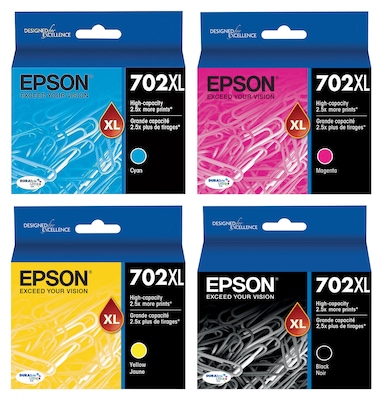 Epson T702XL Black/Cyan/Magenta/Yellow High Yield Ink Cartridges, 4/Pack