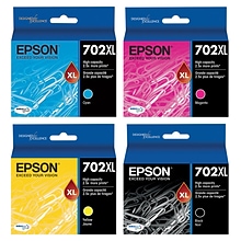 Epson T702XL Black/Cyan/Magenta/Yellow High Yield Ink Cartridges, 4/Pack