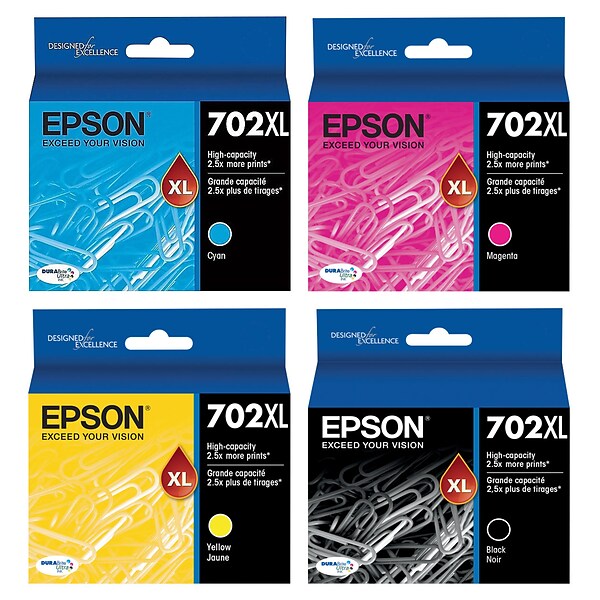 Epson T702XL Black/Cyan/Magenta/Yellow High Yield Ink Cartridges, 4/Pack
