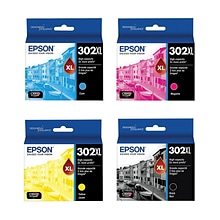 Epson T302XL Black/Cyan/Magenta/Yellow High Ink Cartridges, 4/Pack