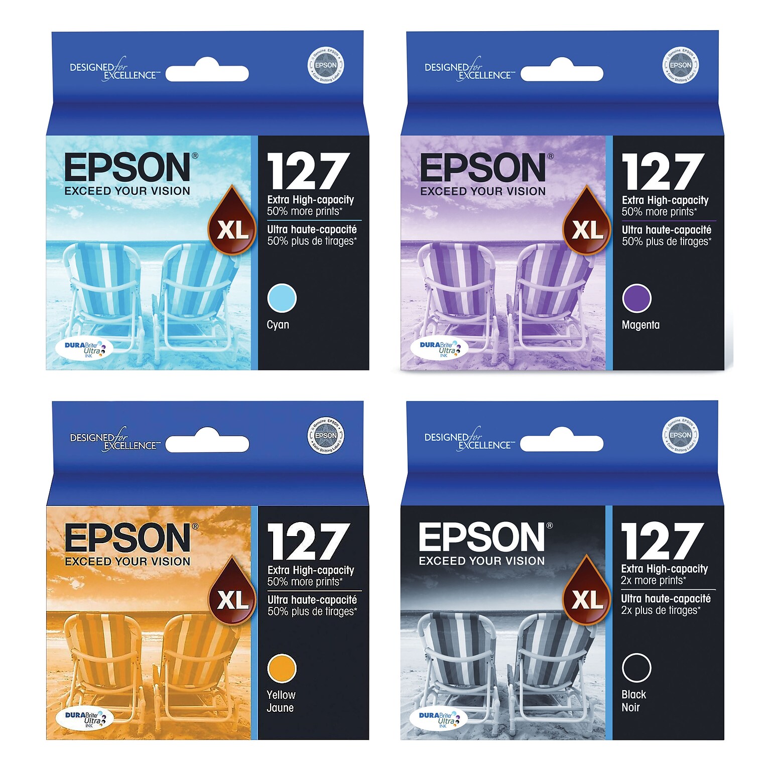 Epson T127XL Black/Cyan/Magenta/Yellow Extra High Yield Ink, 4/Pack