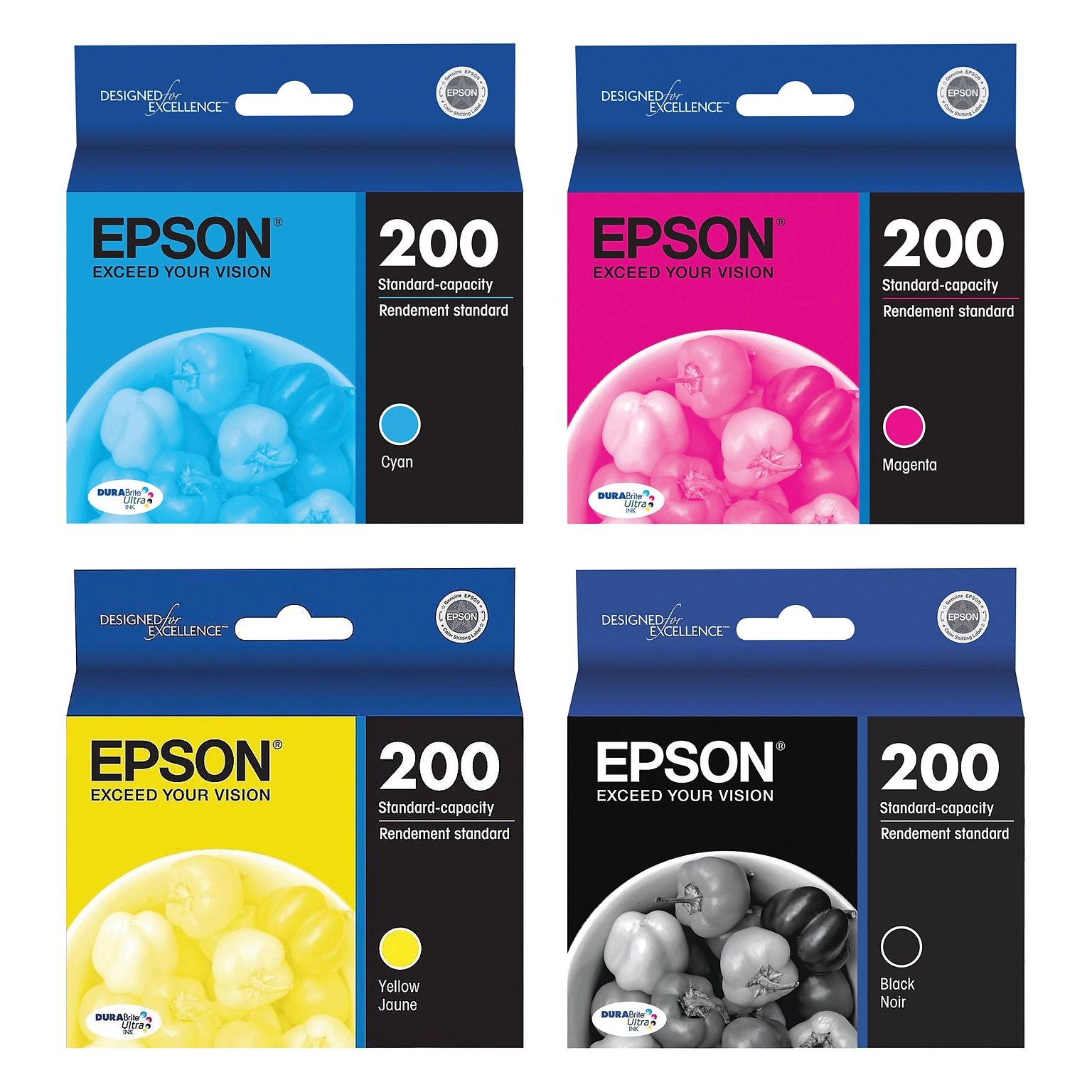 Epson T200 Black, Cyan, Magenta, Yellow Standard Yield Ink Cartridges, 4/Pack