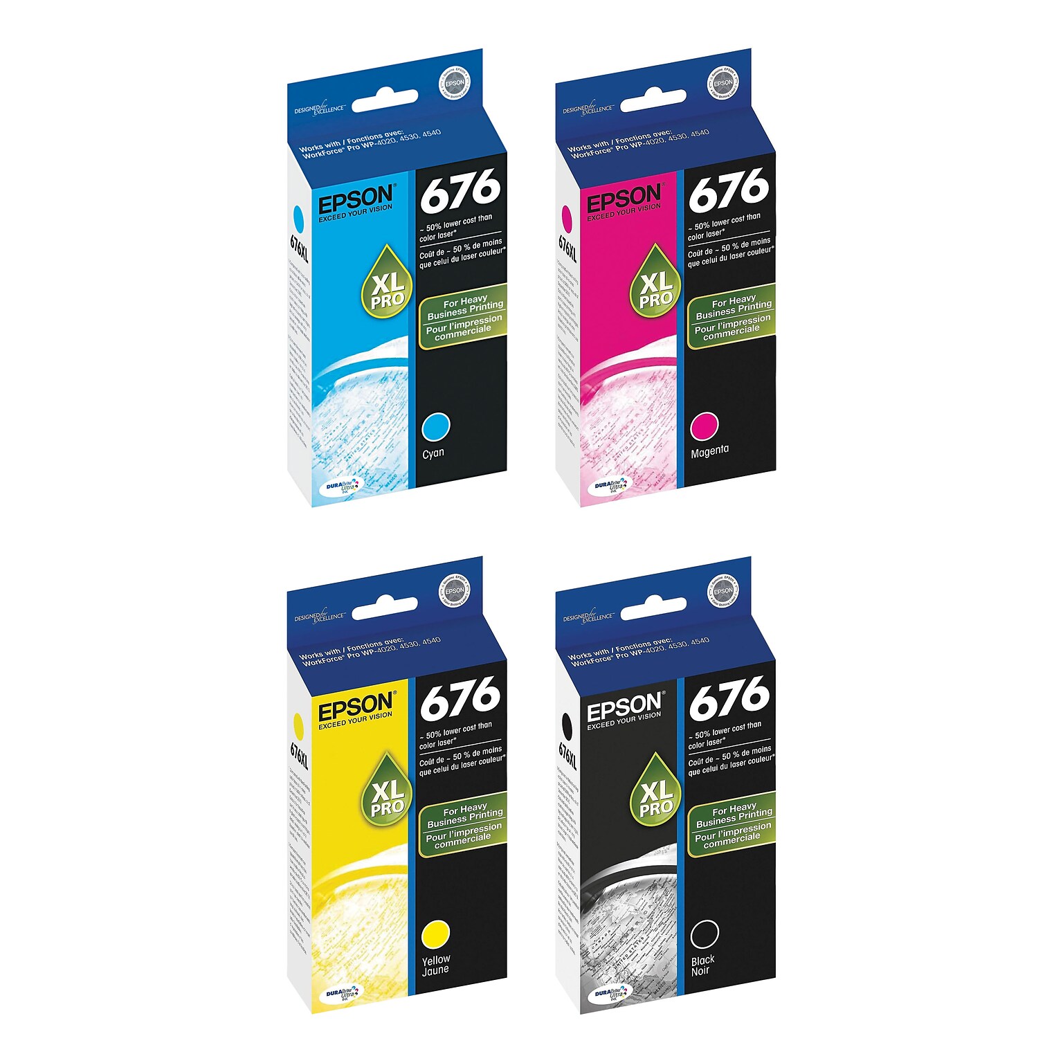 Epson T676XL Black, Cyan, Magenta, Yellow High Yield Ink Cartridges, 4/Pack