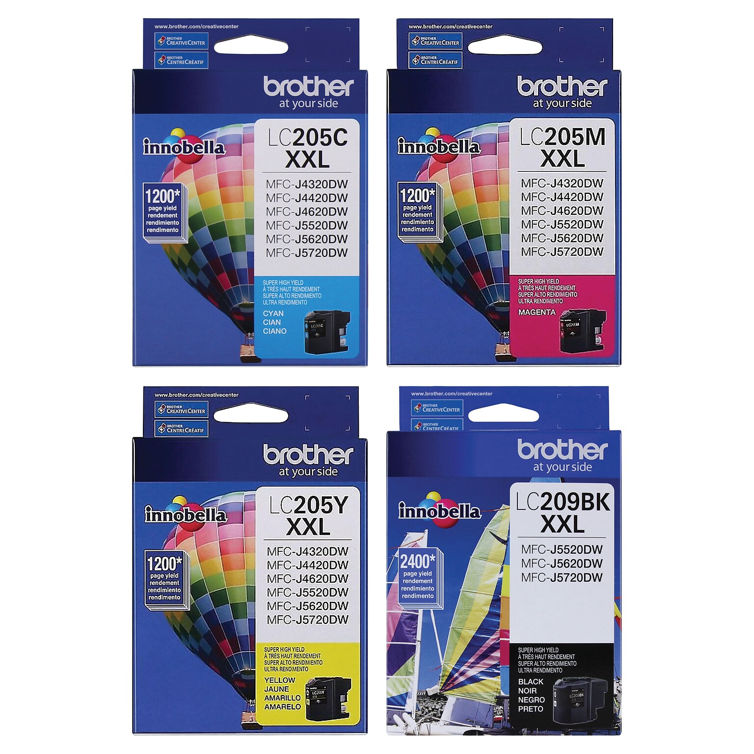 Brother LC209 Black/LC205 Cyan, Magenta, Yellow Extra High Yield Ink, 4/Pack