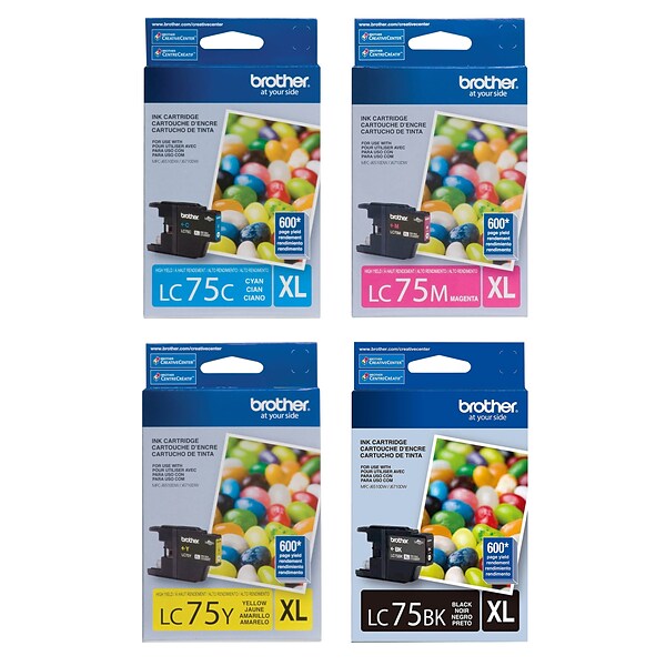 Brother LC75 Black, Cyan, Magenta, Yellow High Yield Ink, 4/Pack