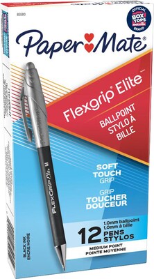 Paper Mate FlexGrip Elite Retractable Ballpoint Pen, Medium Point, Black Ink, Dozen (85580)