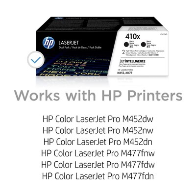 HP 410X Black High Yield Toner Cartridge, 2/Pack (CF410XD)