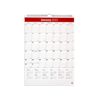 2022 TRU RED™ 17 x 12 Monthly Wall Calendar, White/Red (TR53913-22)