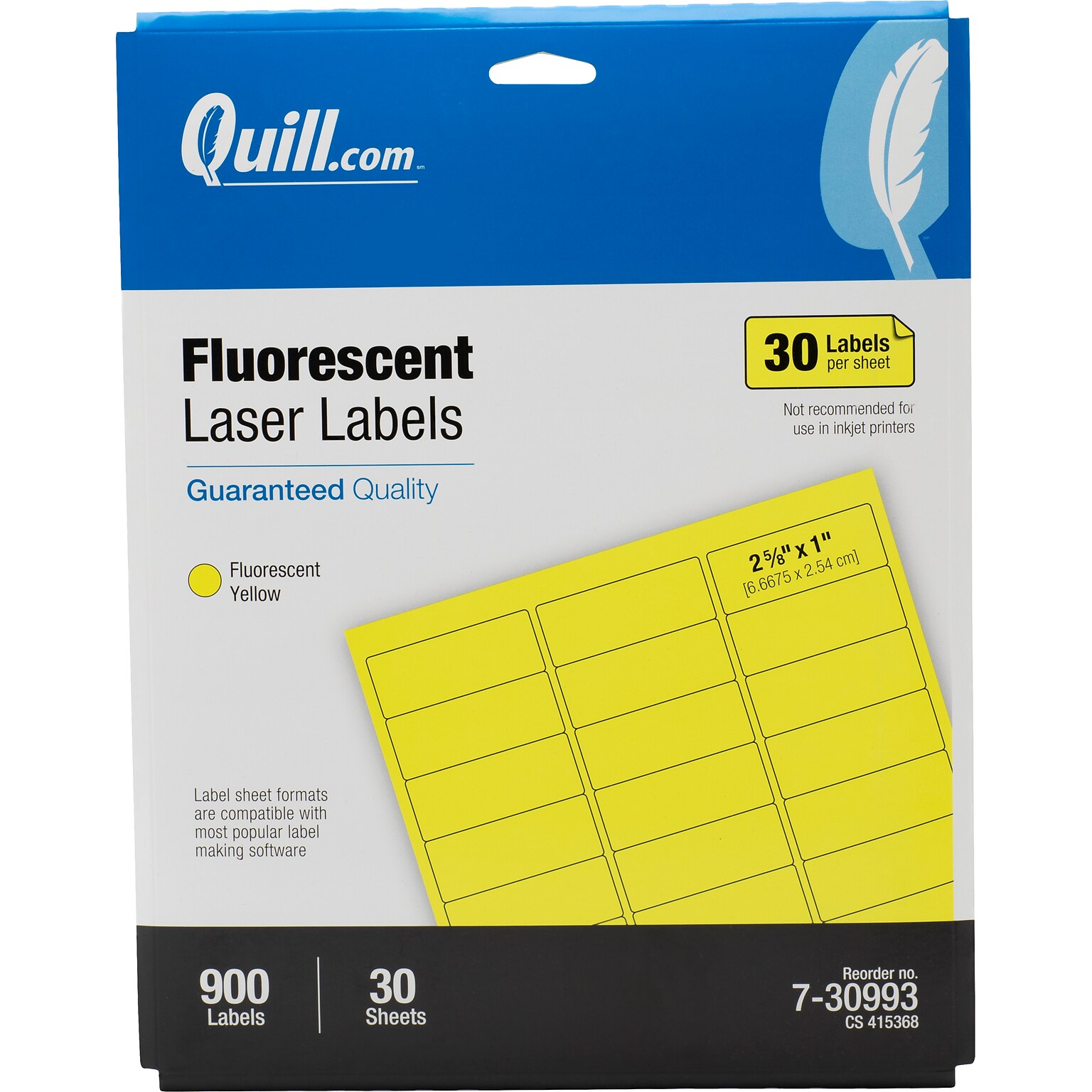 Quill Brand® Laser Address Labels, 1 x 2-5/8, Fluorescent Yellow, 900 Labels (Compare to Avery® 5972)