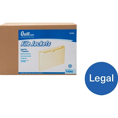 Quill Brand® Reinforced File Jacket, 1 Expansion, Legal Size, Manila, 50/Box (4940)