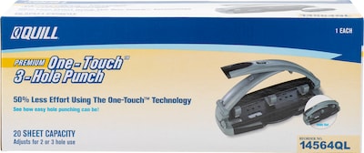 Quill Brand® One-Touch 3-Hole Punches, 20-Sheet Capacity, Silver/Black (14564-QCC)