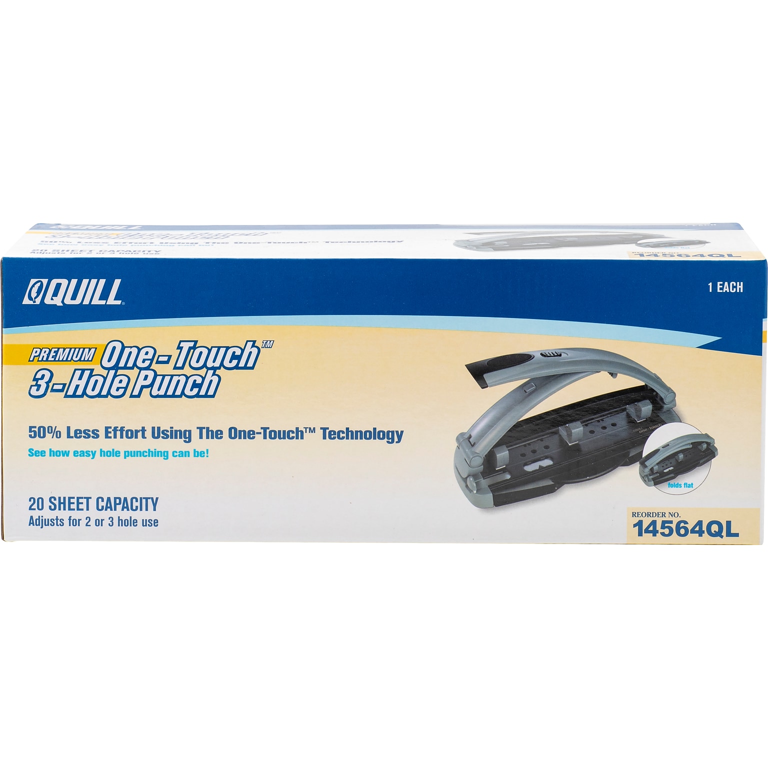 Quill Brand® One-Touch 3-Hole Punches, 20-Sheet Capacity, Silver/Black (14564-QCC)