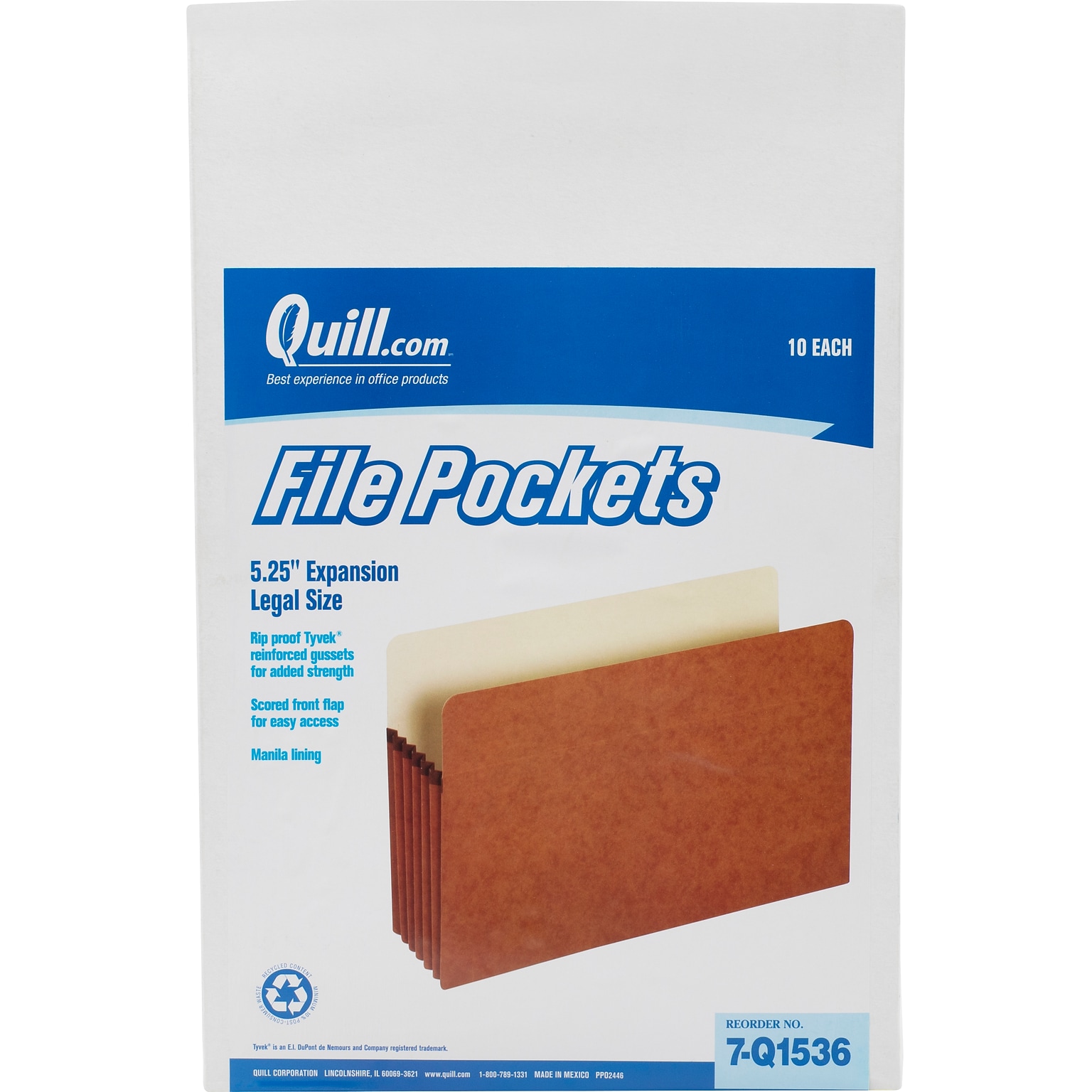 Quill Brand® Reinforced File Pocket, 5 1/4 Expansion, Legal Size, Brown, 10/Box (7Q1536)