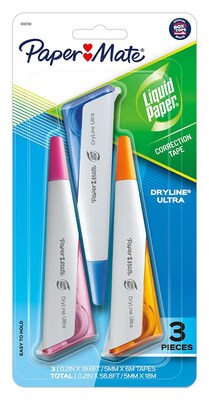 Paper Mate Liquid Paper DryLine Ultra Correction Tape, Assorted, 3/Pack (1818799)