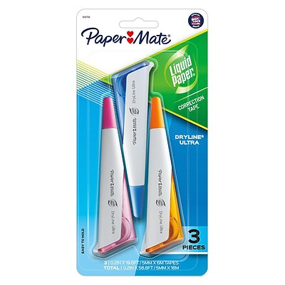 Paper Mate Liquid Paper DryLine Ultra Correction Tape, Assorted, 3/Pack (1818799)