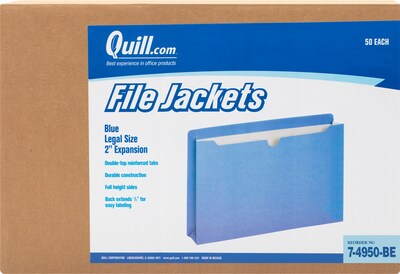 Quill Brand® Reinforced File Jacket, 2 Expansion, Legal Size, Blue, 50/Box (74950BE)