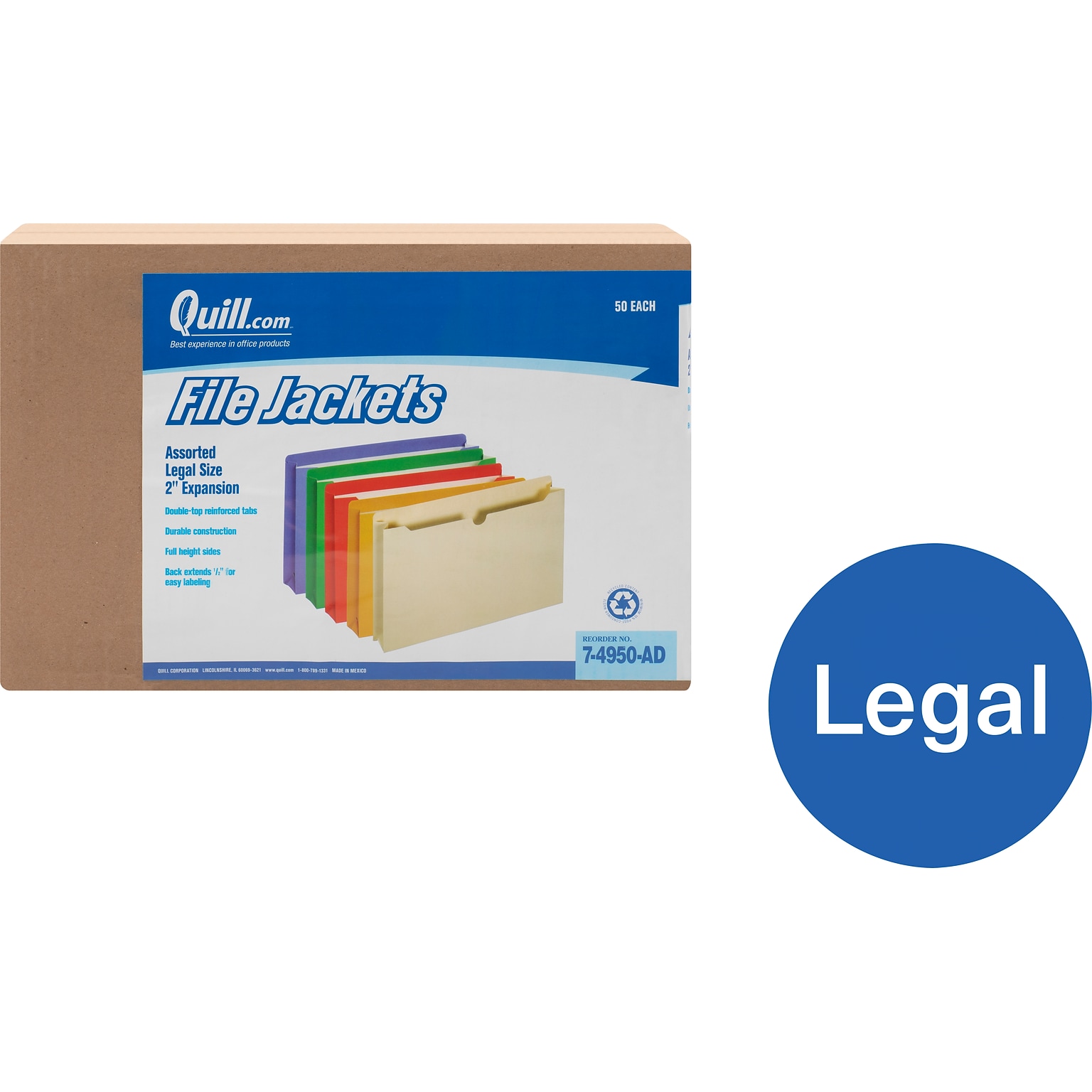 Quill Brand® Reinforced File Jacket, 2 Expansion, Legal Size, Assorted, 50/Box (74950AD)