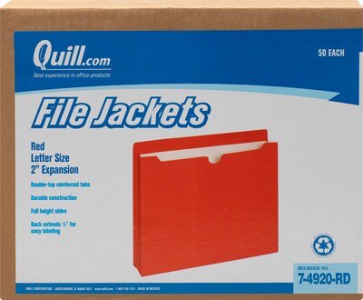 Quill Brand® Reinforced File Jacket, 2" Expansion, Letter Size, Red, 50/Box (74920RD)