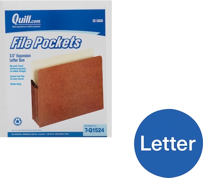 Quill Brand® Reinforced File Pocket, 3 1/2 Expansion, Letter Size, Brown, 25/Box (7Q1524)