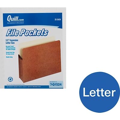 Quill Brand® Reinforced File Pocket, 3 1/2 Expansion, Letter Size, Brown, 25/Box (7Q1524)