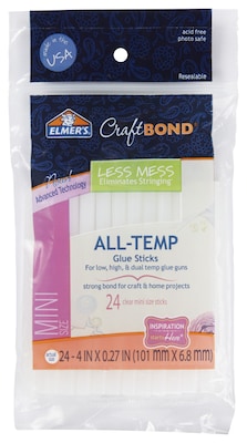 Elmers CraftBond Less Mess 4in. All-Temp Mini Glue Sticks 24 Ct., 24/Box, Clear (E6055)