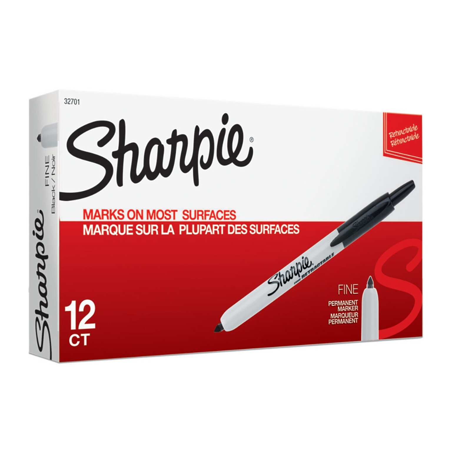 Sharpie Retractable Permanent Marker, Fine Tip, Black, 12/Pack (32701)