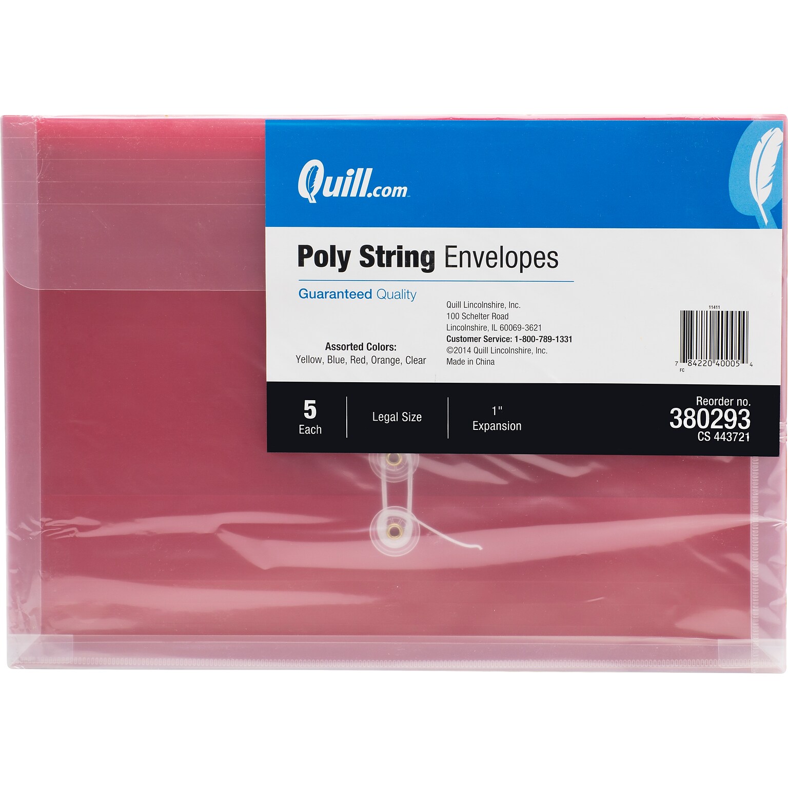 Quill Brand Button & String  Envelope, 10 1/2 x 14 1/2 , Assorted, 5/Pack (11411-QCC)