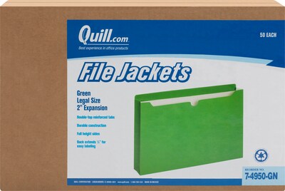 Quill Brand® Reinforced File Jacket, 2 Expansion, Legal Size, Green, 50/Box (74950GN)