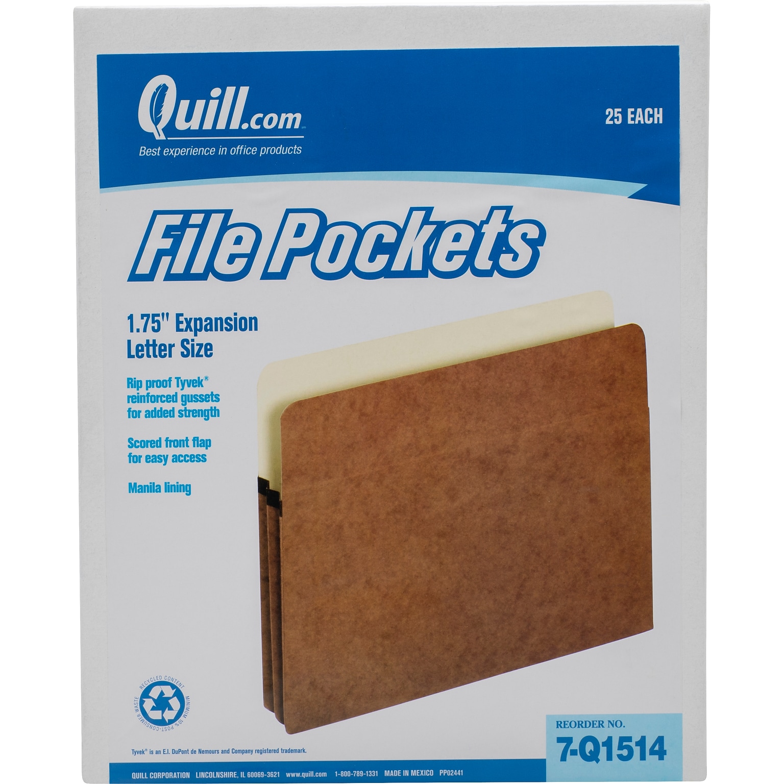 Quill Brand® Reinforced File Pocket, 1 3/4 Expansion, Letter Size, Brown, 25/Box (7Q1514)