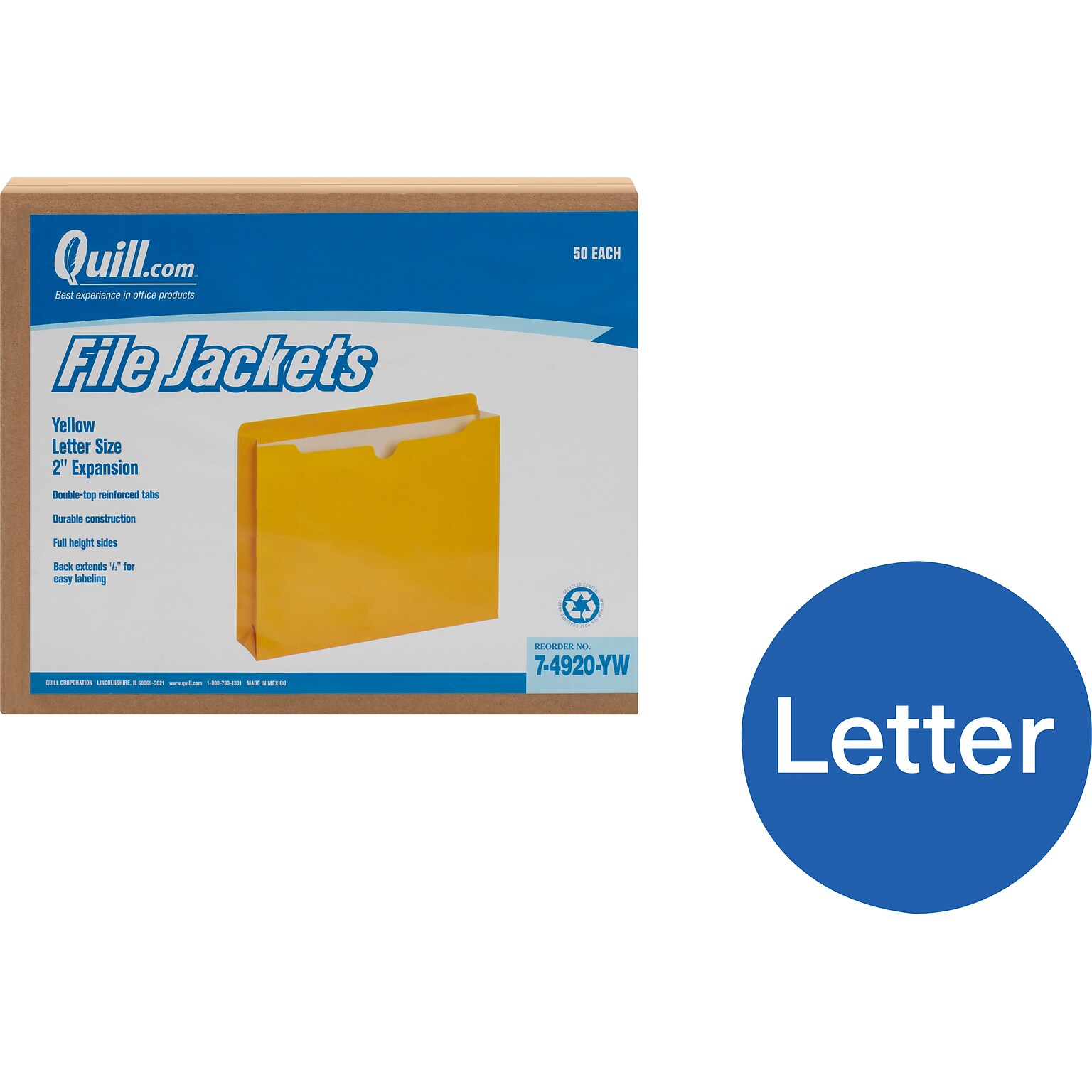 Quill Brand® Reinforced File Jacket, 2 Expansion, Letter Size, Yellow, 50/Box (74920YW)