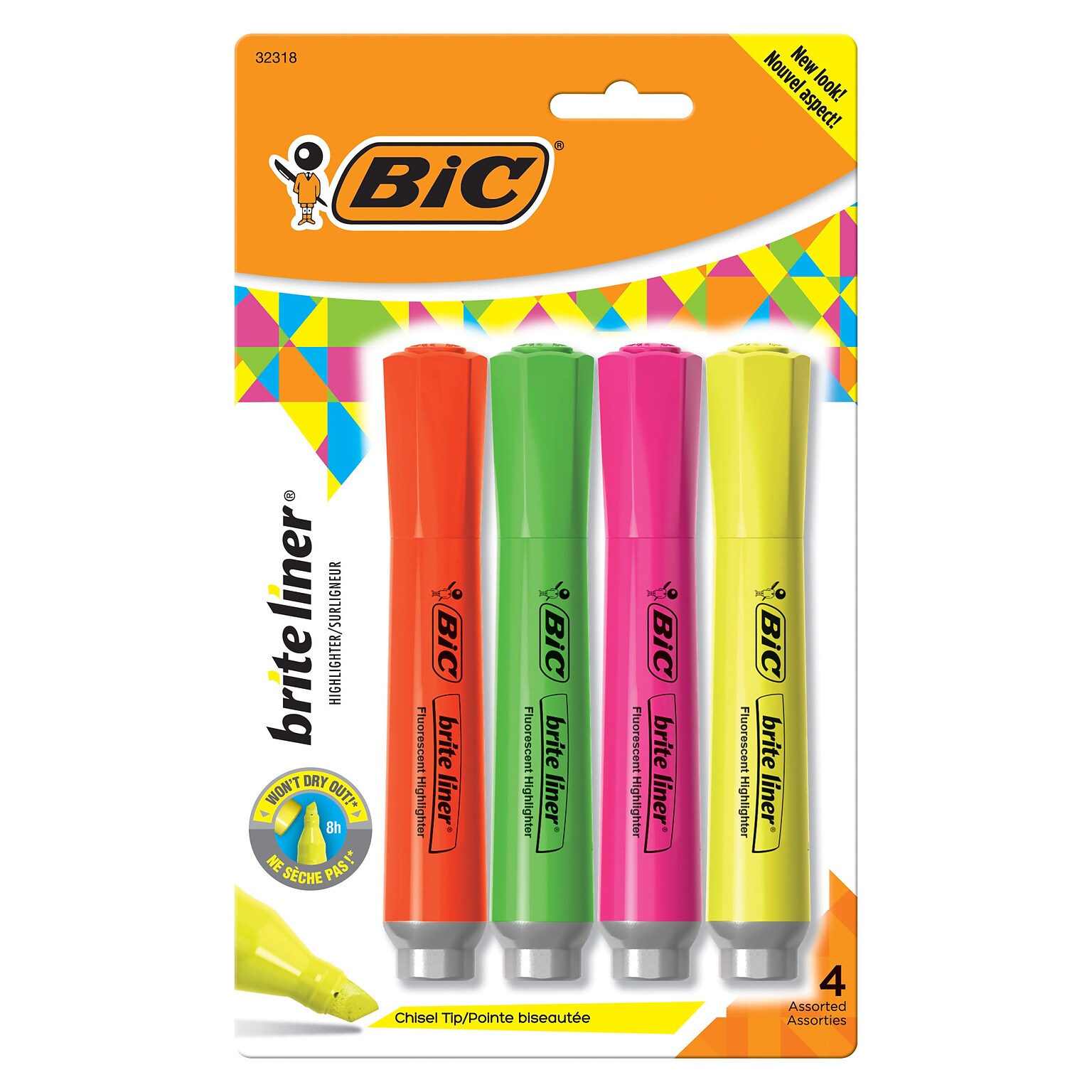 BIC Brite Liner Tank Highlighter, Chisel Tip, Assorted, 4/Pack (BLMGP41-AST)