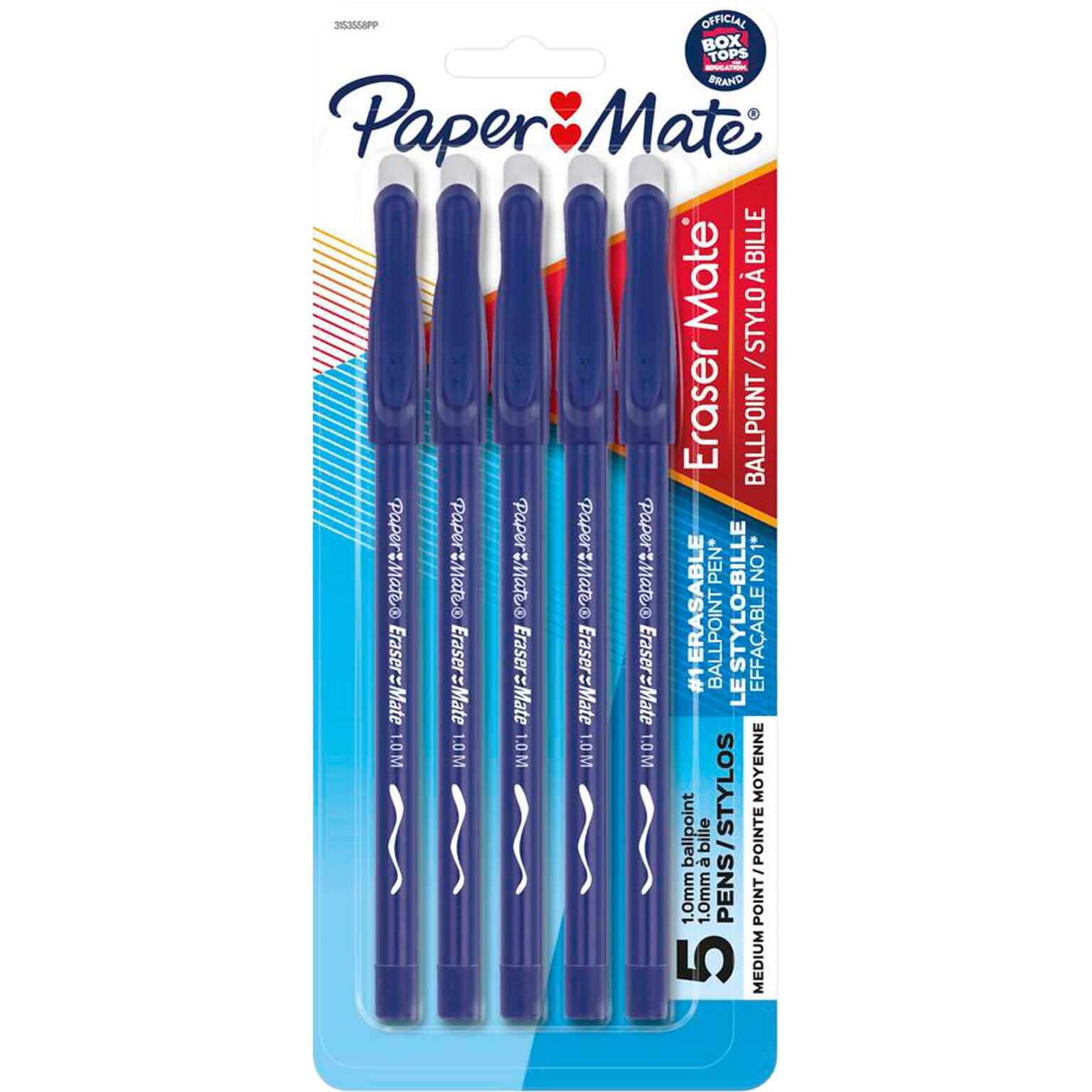 Paper Mate Eraser Mate Erasable Ballpoint Pen, Medium Point, Blue Ink, 5/Pack (3153558PP)