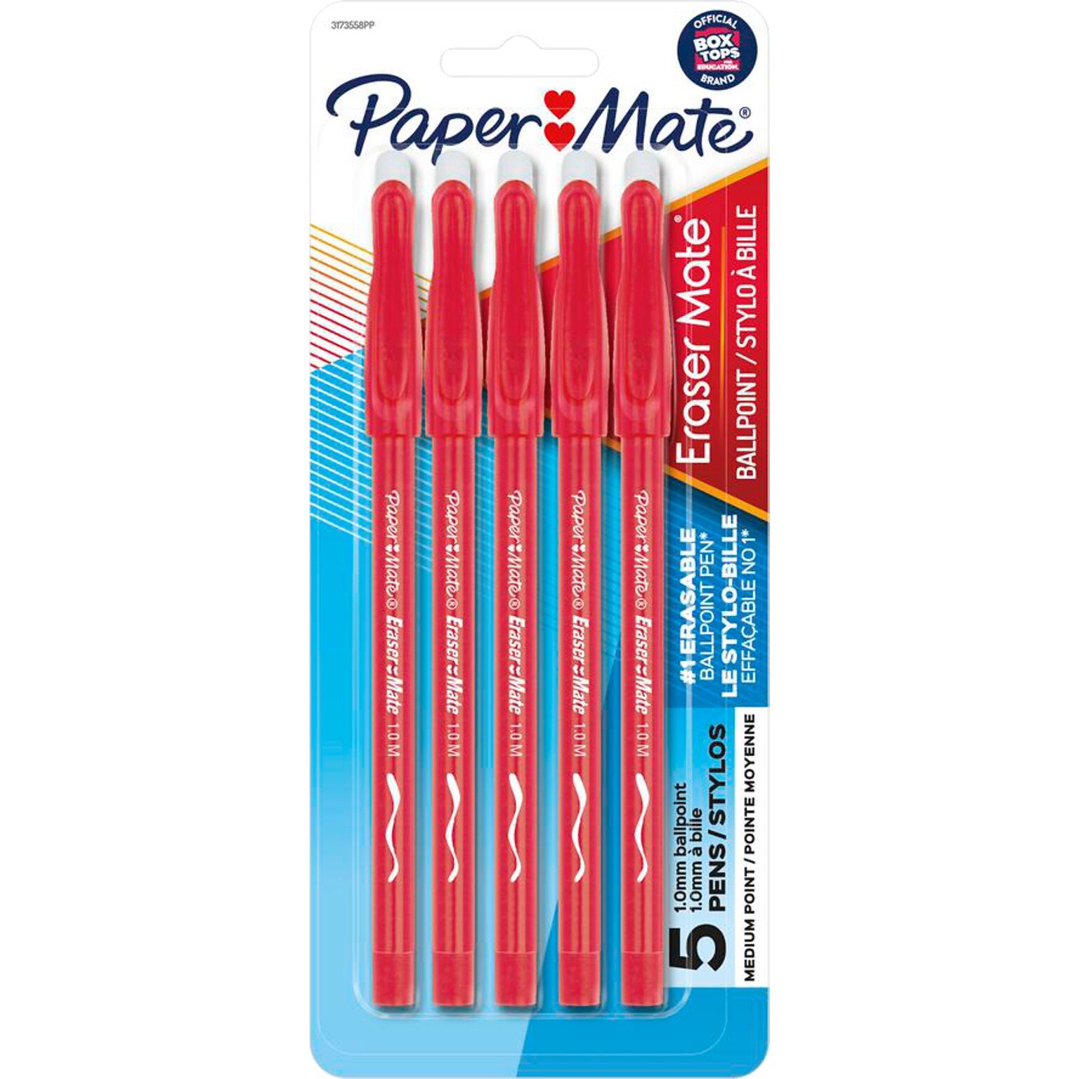 Paper Mate Eraser Mate Erasable Ballpoint Pen, Medium Point, Red Ink, 5/pk (31735)