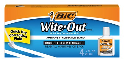 BIC Correction Fluid, 20 ml., White, 4/Pack (WOFQD418-A-WHI)