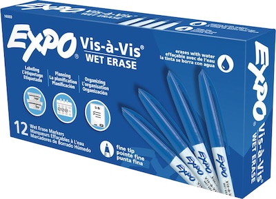 Expo Vis-à-Vis Wet Erase Markers, Fine Point, Blue, 12/Pack (16003)