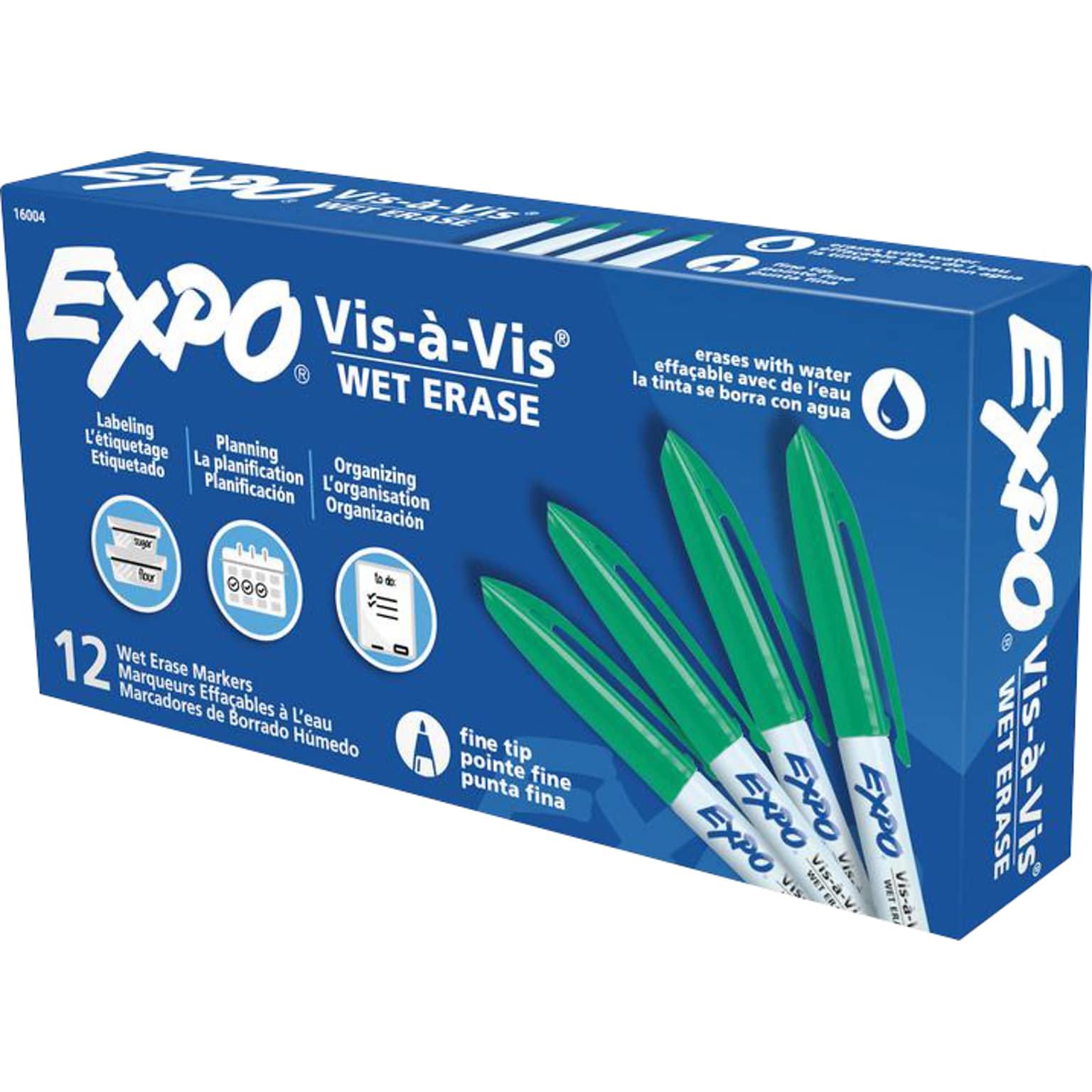 Expo Vis-à-Vis Wet Erase Markers, Fine Point, Green, 12/Pack (16004)