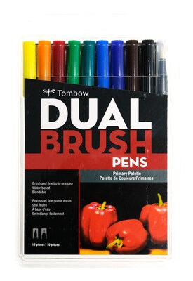 Tombow Dual Brush Primary Palette Classic Drawing Pens, Assorted, 10/Pack (64467)