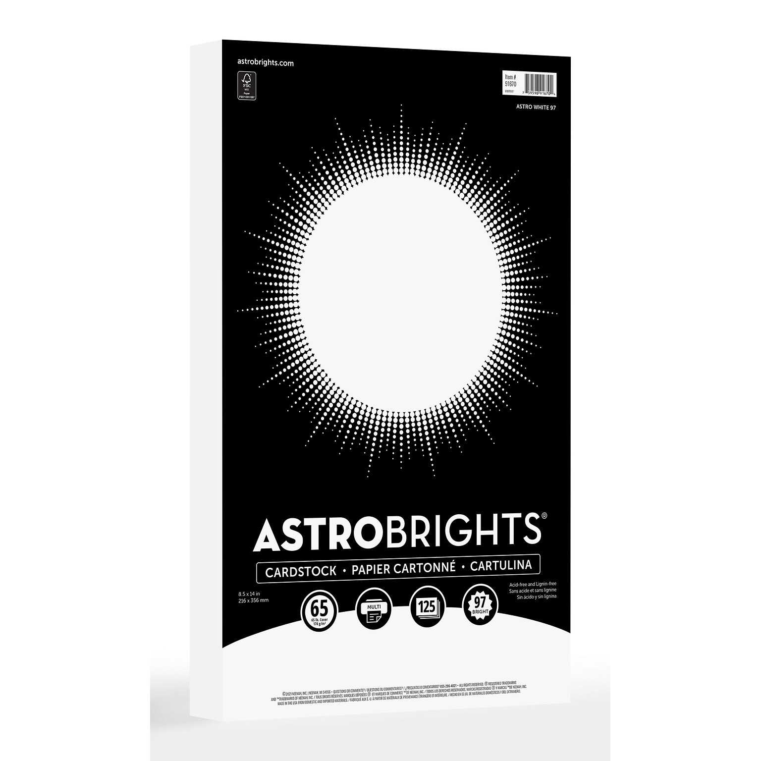 Astrobrights 65 lb. Cardstock Paper, 8.5 x 14, Astro White, 125 Sheets/Pack (91670-01)